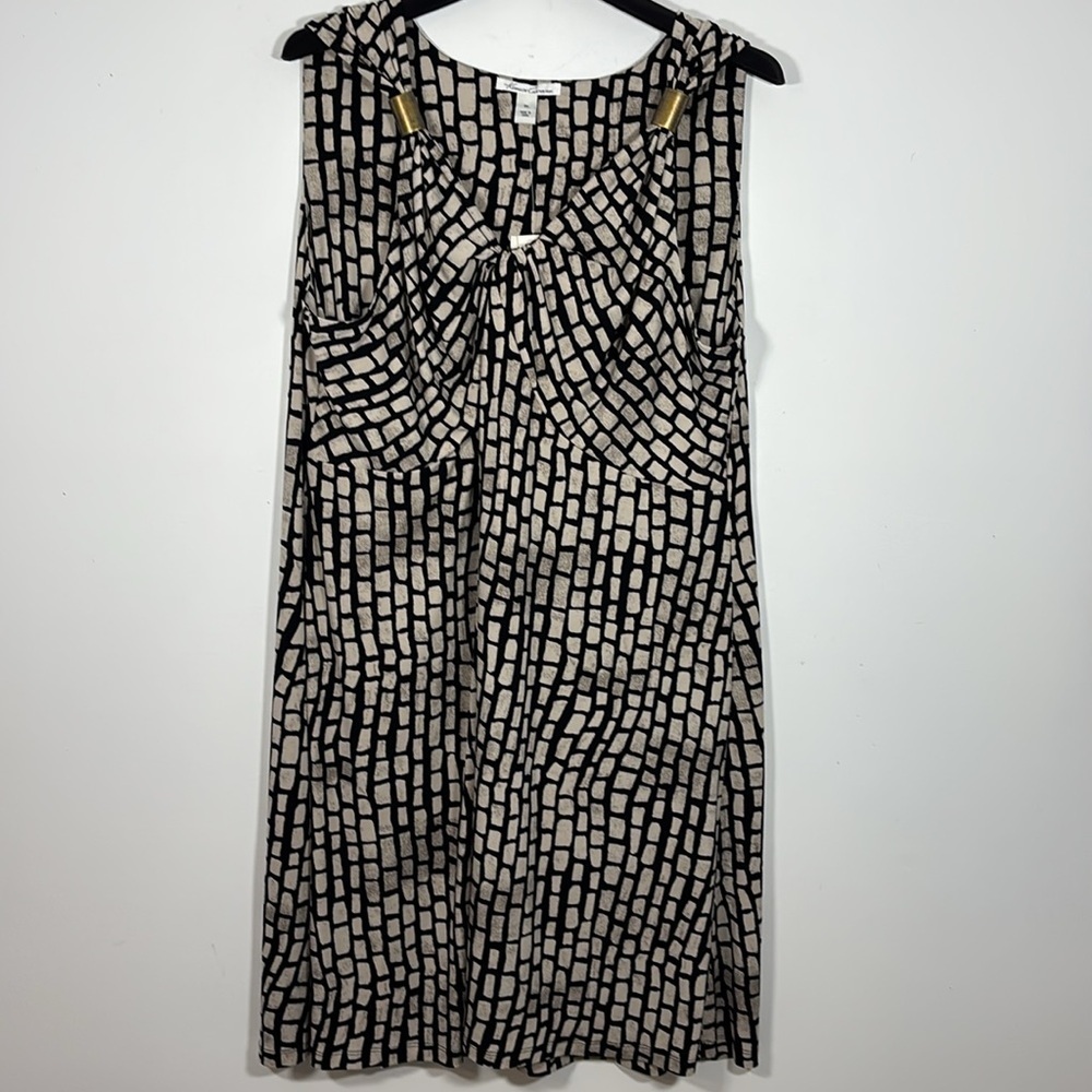 Kenneth‎ Cole 3X Sleeveless Gathered Front Fitted Midi Dress Black Tan Print NWT